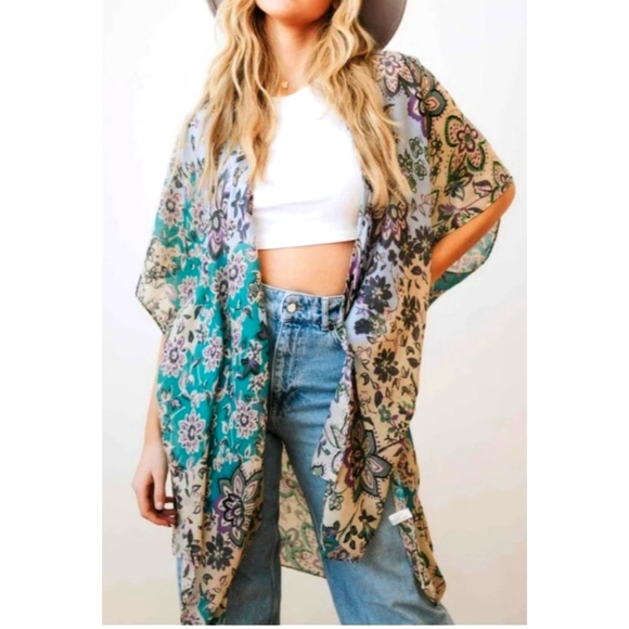 Flowy earthy teal boho floral paisley print open front kimono cardigan - Picture 2 of 6